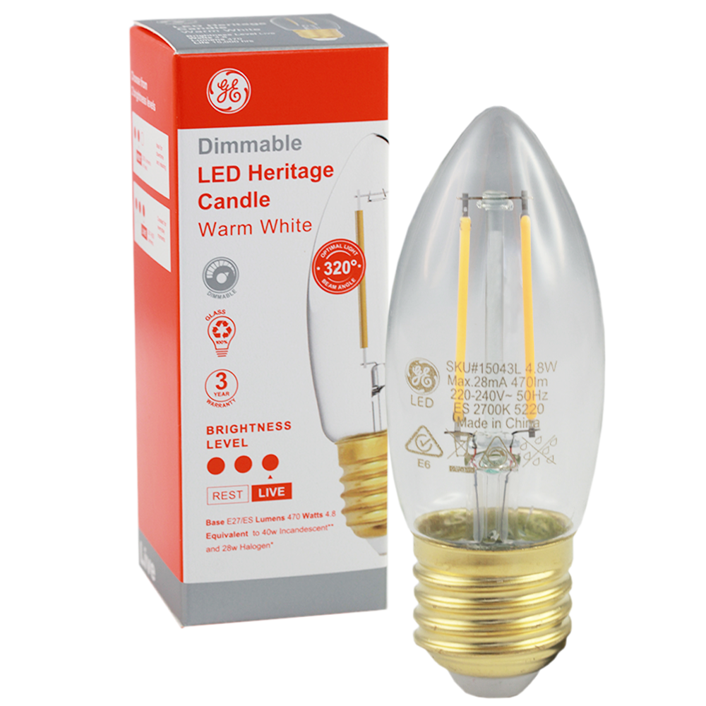 LED Heritage Filament Candle Clear 4.8W 2700K Dimmable E27