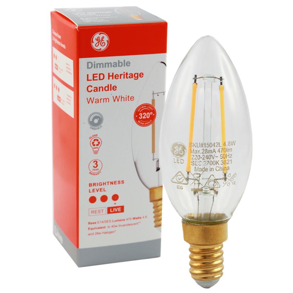 LED Heritage Filament Candle Clear 4.8W 2700K Dimmable E14