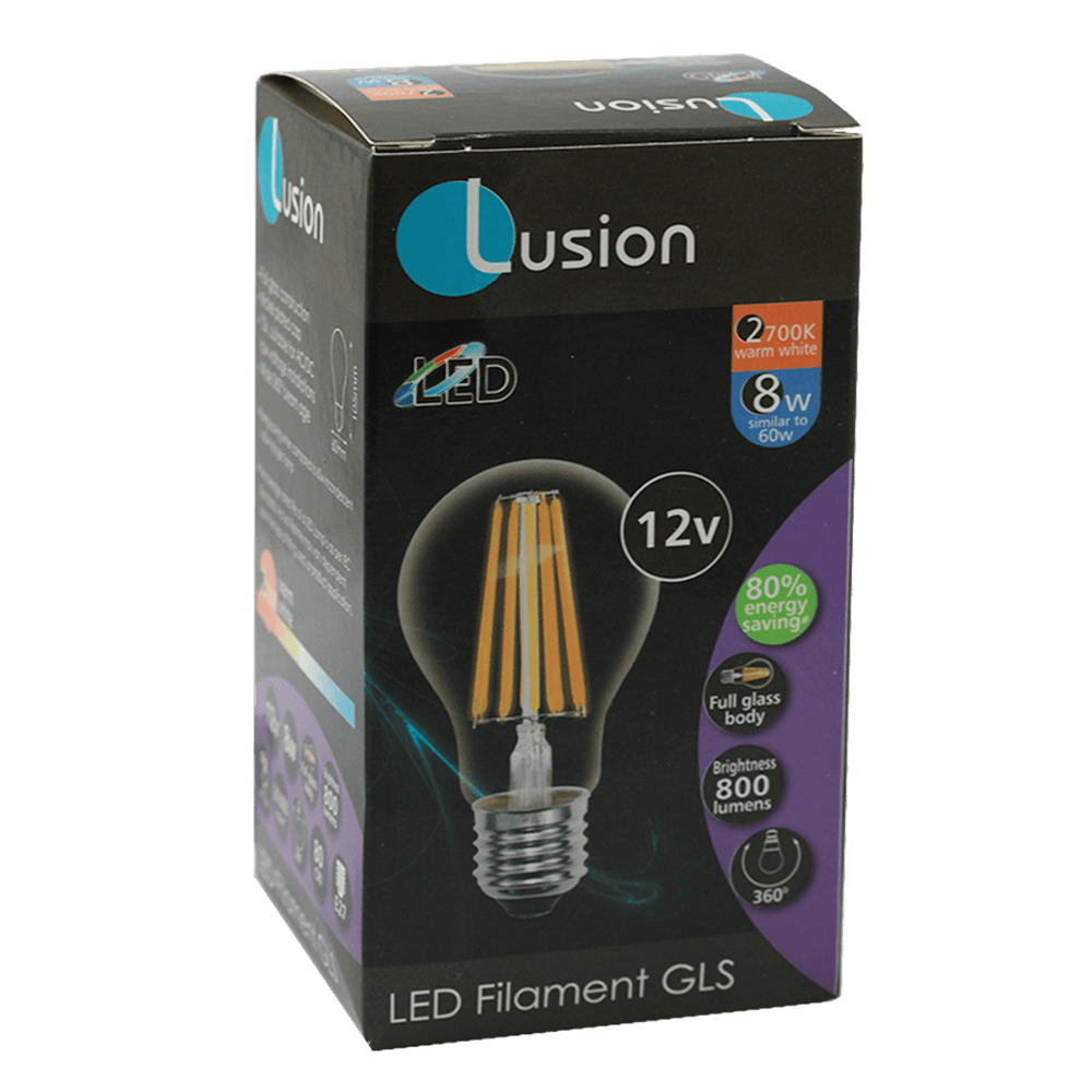 Lus LED Low Voltage Filament GLS Globe 8W 12V 2700K E27 Non-Dimmable