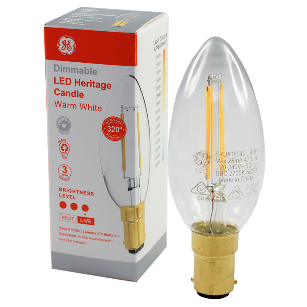 LED Heritage Filament Candle Clear 4.8W 2700K Dimmable BA15d