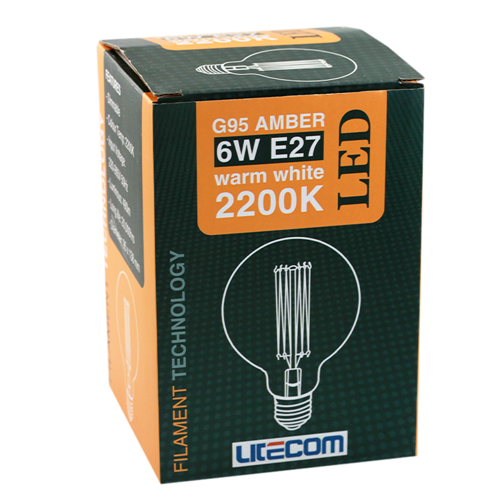 LED Filament G95 Amber 6W 2200K Clear/Gold Tint E27 Dimmable