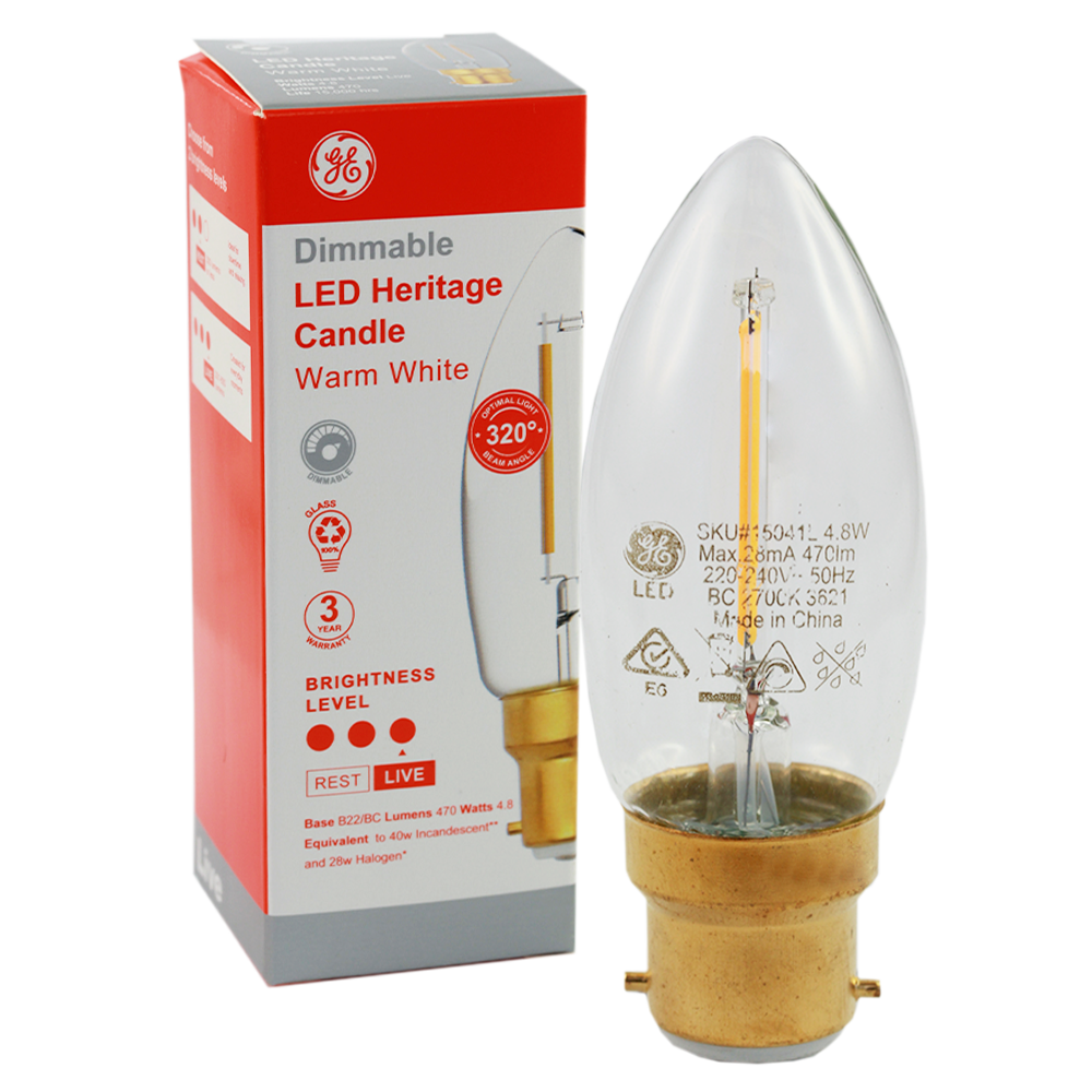 LED Heritage Filament Candle Clear 4.8W 2700K Dimmable B22