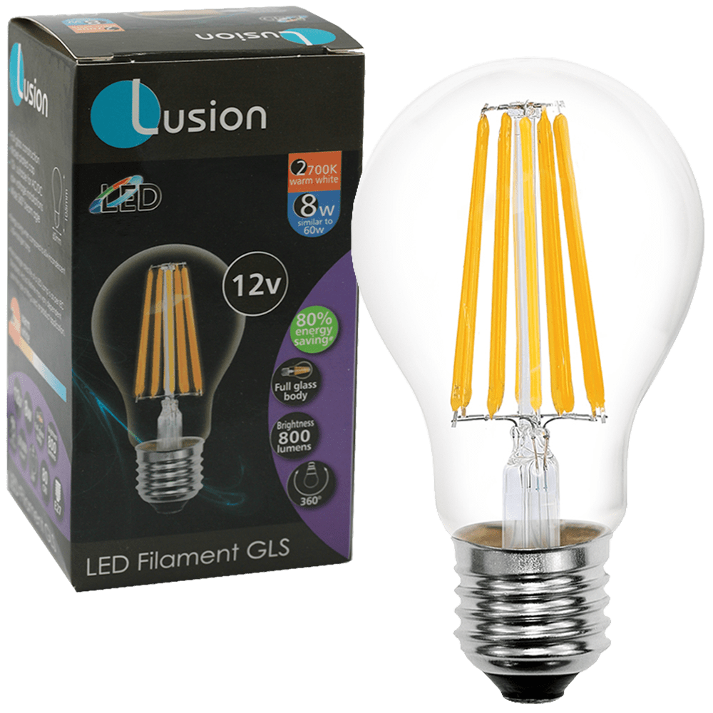 Lus LED Low Voltage Filament GLS Globe 8W 12V 2700K E27 Non-Dimmable